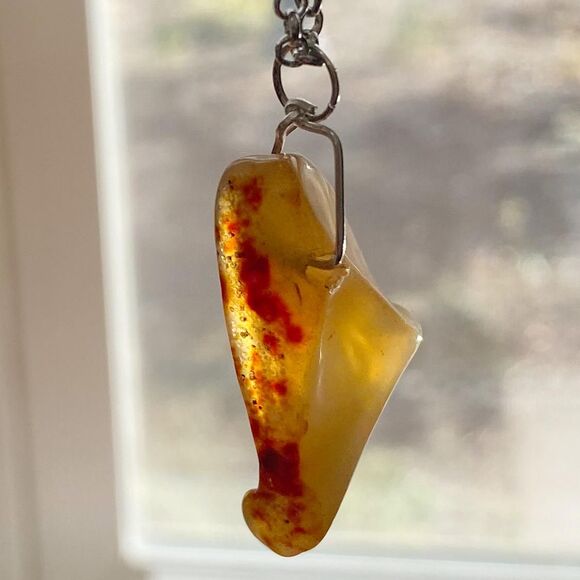 Unique Tan Rust Semi-Polished Glass Amber Pendant 24 in Stainless Steel Chain - Picture 2 of 6
